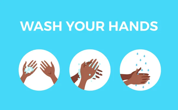石鹸と水で手を洗う適切に漫画のベクトルイラスト — ストックベクタ