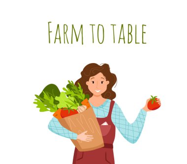 Yerel organik ürünler karikatür vektör konseptini ye. Renkli resimleme