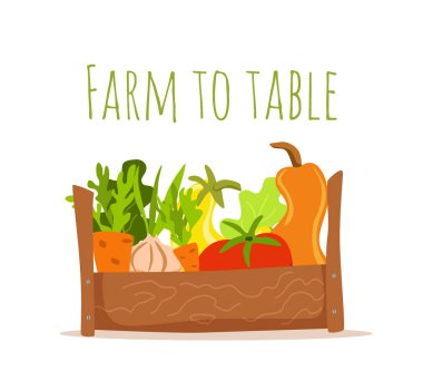 Sebzeli ahşap kutu renkli vektör çizimi.