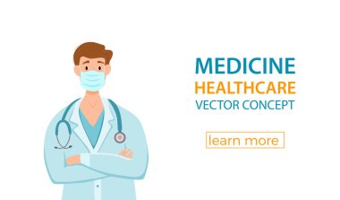 Yüz koruma maskesindeki tıbbi insanlar çizgi film karakterleri vektör illüstrasyonu