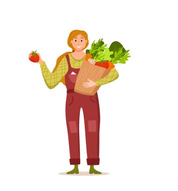 Yerel organik ürünler karikatür vektör konseptini ye. Renkli resimleme