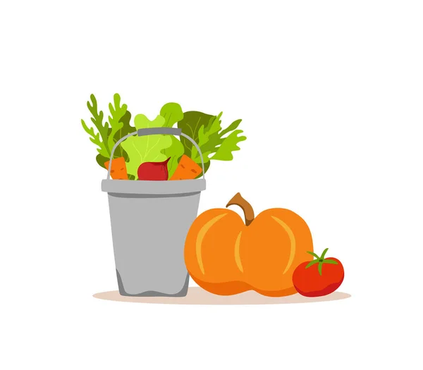 Bucket metal vegetables colorful cartoon vector illustration. — Stock Vector