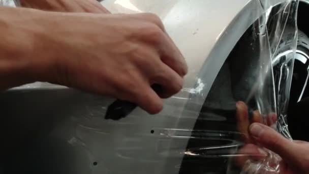 Close Ppf Installation Process Silver Sports Car Ppf Paint Protection — Stock Video