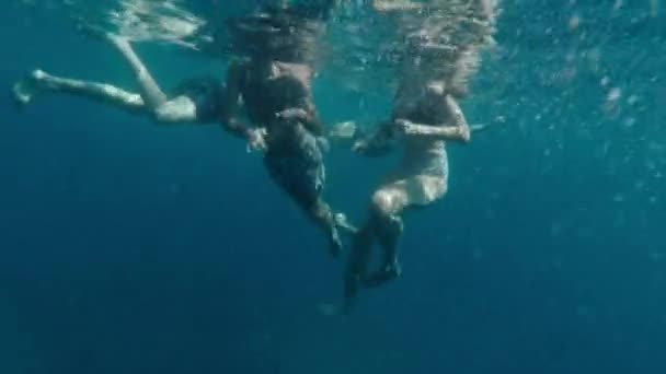 Группа Друзей Летом Купается Голубом Океане Выходным Ломбарды Греческом Море — стоковое видео