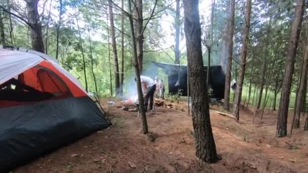 Young Friends Setting Camp Site Forest — Stock Video