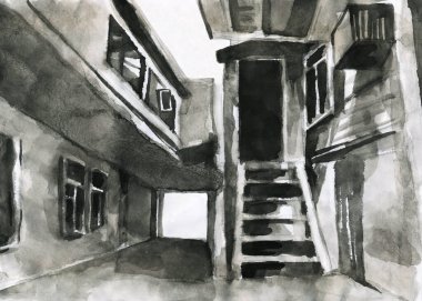Elle çizilmiş siyah suluboya avlu. Merdivenler, pencereler, kapılar, balkon, sundurma çizimi