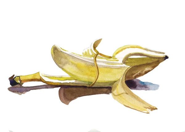 Banana Half Peeled Yellow Hand Drawn Sketch Watercolor White Background — Stock Photo, Image