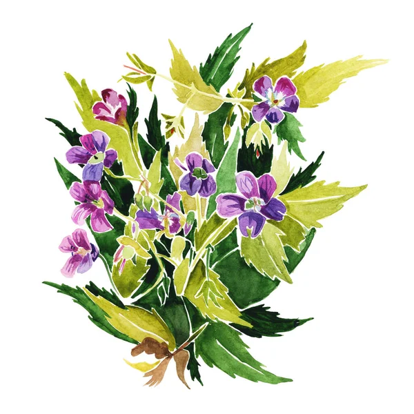 一束用水彩画的花 小紫丁香花 — 图库照片