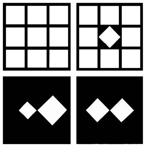 Dört soyut geometrik desenli bir set. Çeşitli şekiller çiziliyor. Kağıt üzerinde el yapımı renklerle modern yama çizimi. Siyah ve beyaz