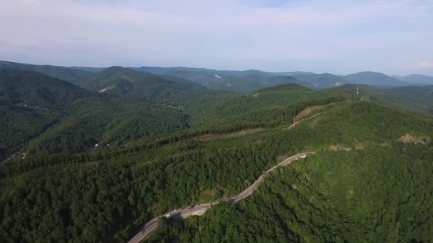 Belo Voo Aéreo Sobre Estrada Serpentina Sinuosa Cercada Por Floresta — Vídeo de Stock