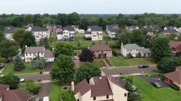 4K aerial shooting of a suburban area with residential buildings and streets. Beautiful view of country plots with houses standing between green trees on a cloudless day. — Stock Footage Aerial Shooting Suburban Area Residential Buildings Streets Beautiful View Country Video Clip