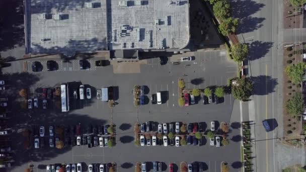店舗前の近代的な街に駐車様々な車のトップビュー 自動車交通と駐車場の概念 — ストック動画