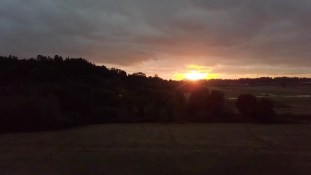 夕暮れ時の森や草原 丘のある秋の山々を飛ぶ壮大な夜の空気 柔らかい光 — ストック動画