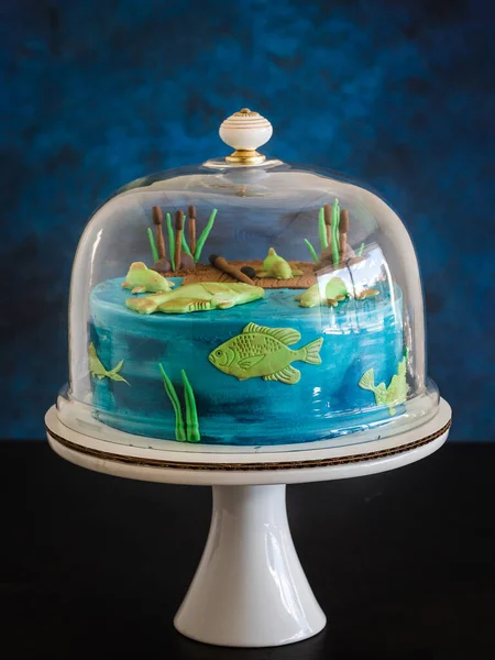 Magnifique Gâteau Bleu Décoration Eau Poisson Étang Rosels Travail Main — Photo