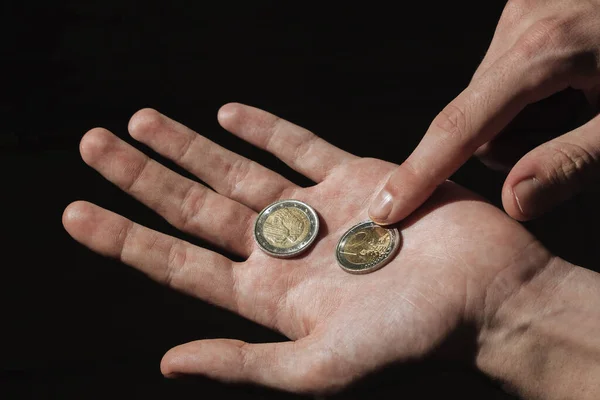 Грошові Монети Руках Чоловіків Перегляд — стокове фото
