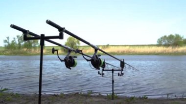 4 bin. Kıyıda yüksek kaliteli olta takımlarıyla balık tutmak, dönen, güvenilir makaralı ve güçlü olta ipiyle. Sıcak bir yaz güneşli bir gün.