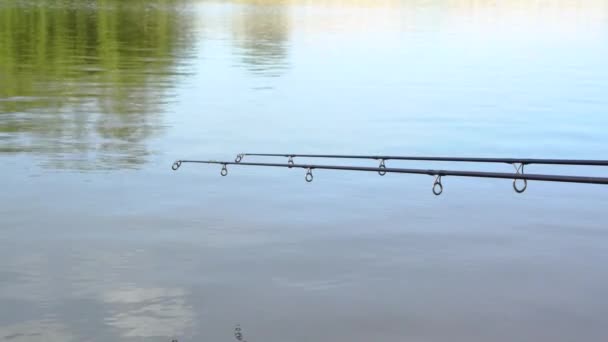 4K. Fishing on the shore with high-quality fishing gear, spinning, reliable reel and strong fishing line. A warm summer Sunny day. — Stock Footage Fishing Shore High Quality Fishing Gear Spinning Reliable Reel Strong Stock Video