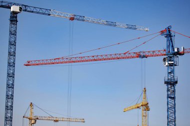 Dört büyük vinç çalışıyor.