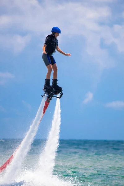 Young Woman Flying Aquatic Flyboard Water Extreme Sport — Stock Photo, Image