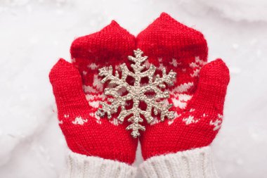 Eldivenlerin içinde, ellerinde dekoratif kar tanesi var.