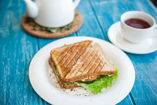 Tasty Sandwich Plate Cup Tea — Stock Photo, Image