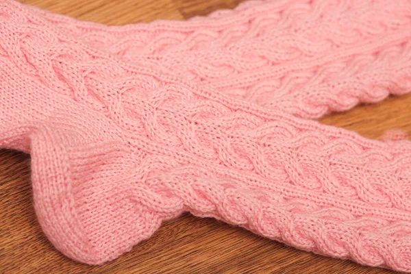 Pair Knitted Woolen Socks Lying Wooden Floor — Stock Photo, Image