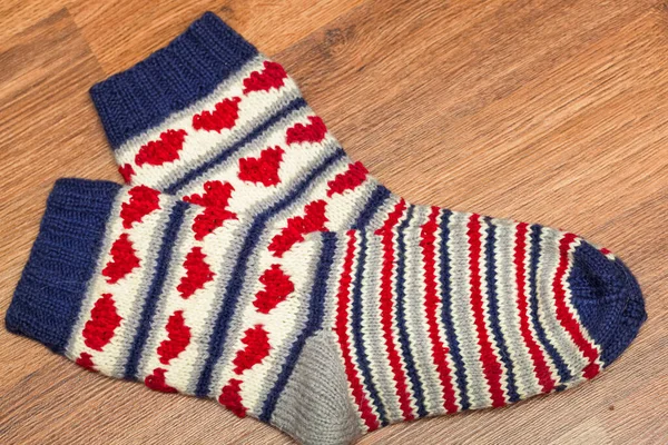 Pair Knitted Woolen Socks Lying Floor — Stock Photo, Image