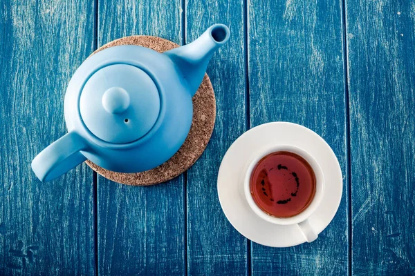 Cup Tea Blue Teapot Table — Stock Photo, Image