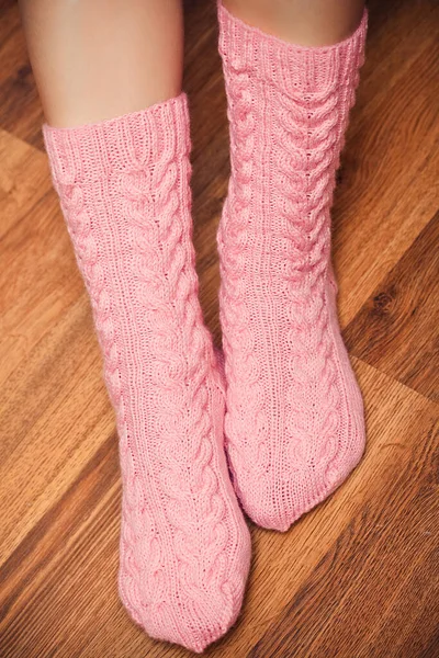 Pair Knitted Woolen Pink Socks Woman Feet — Stock Photo, Image