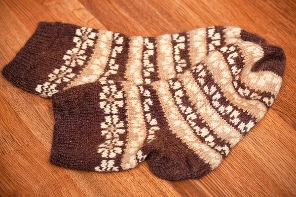 Pair Knitted Woolen Socks Luing Floor — Stock Photo, Image