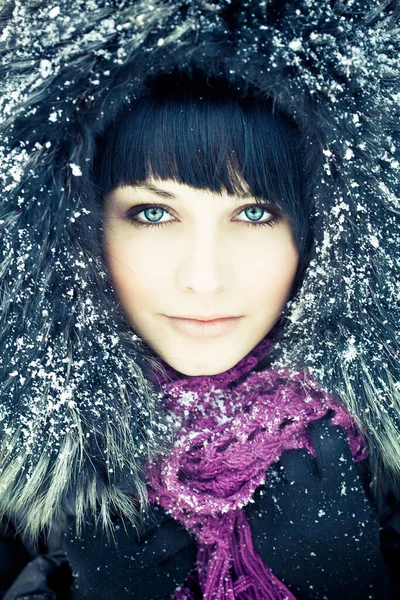 Attractive Woman Padded Coat Fur Hood — Stock Photo, Image