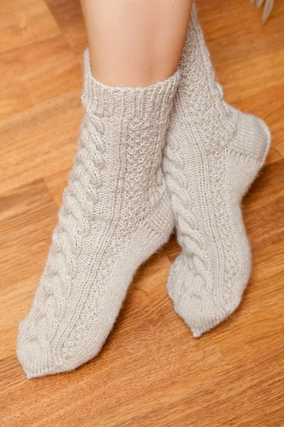 Pair Knitted Woolen Socks Woman Feet — Stock Photo, Image