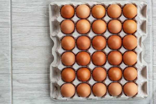 Ovos de galinha marrons inteiros em bandeja de ovos de papel — Fotografia de Stock