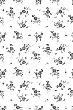 Çiçekler ve yapraklarla suluboya kusursuz desen. Klasik çiçek desenleri. Çiçeksiz desen. Botanik sanatı. Çiçek botanik koleksiyonu. Çiçek seti. Suluboya botanik tasarımı