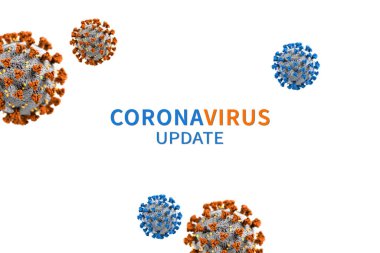 Beyaz arka planda Coronavirus Güncelleme 3 boyutlu illüstrasyon işareti. Mavi ve turuncu tasarım. Coronavirüs salgınıyla ilgili son dakika haberleri..
