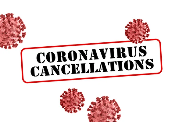 Coronavirus Covid19 iptalleri 3 boyutlu illüstrasyon. Büyük kırmızı ve beyaz damgalı grafik tasarımı. İptal edilen olaylar, kapatmalar ya da erteleme. Bulanık arkaplanı olan izole ögeler.