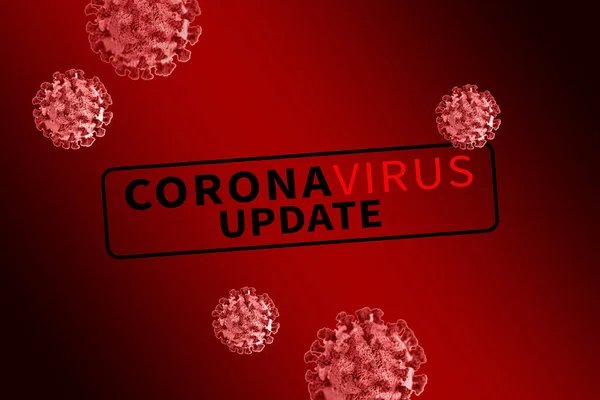 コロナウイルスアップデート3Dイラストサイン Covid 19パンデミックに関するニュース情報の更新または破壊を警告する赤と黒のスタンプ付きデザイン — ストック写真