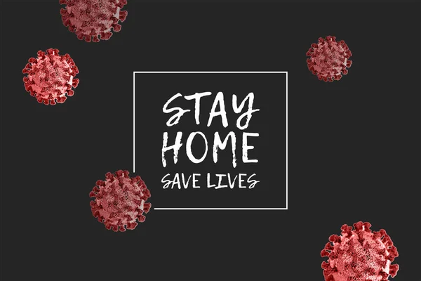 Stay Home Save Lives grafik tasarımı siyah arka planda. Coronavirus Covid-19, enfeksiyonun yayılma eğrisinin düzleşmesine yardımcı olmak için enfeksiyon ve hastalıkların yayılmasını durdurmayı öneriyor..
