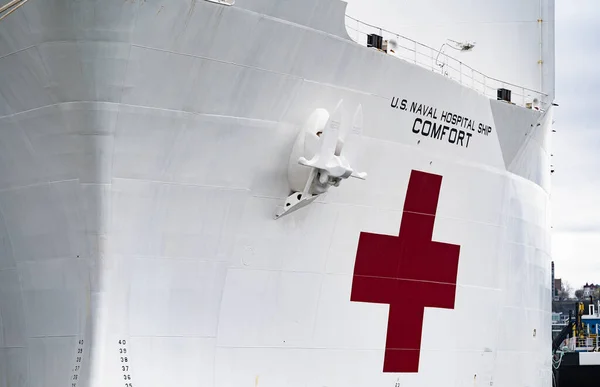 stock image New York City, New York / USA - March 31 2020: USNS Comfort Mercy-class hospital ship of the United States Navy on site in Manhattan Hudson River during pandemic corona virus outbreak in New York City