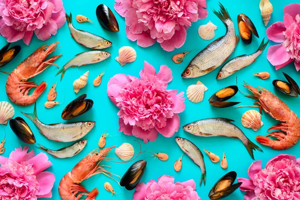 Sea food and flowers background