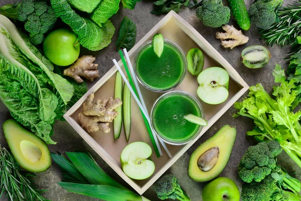 Detox green smoothies concept, view from above arrangement — Stock Photo, Image