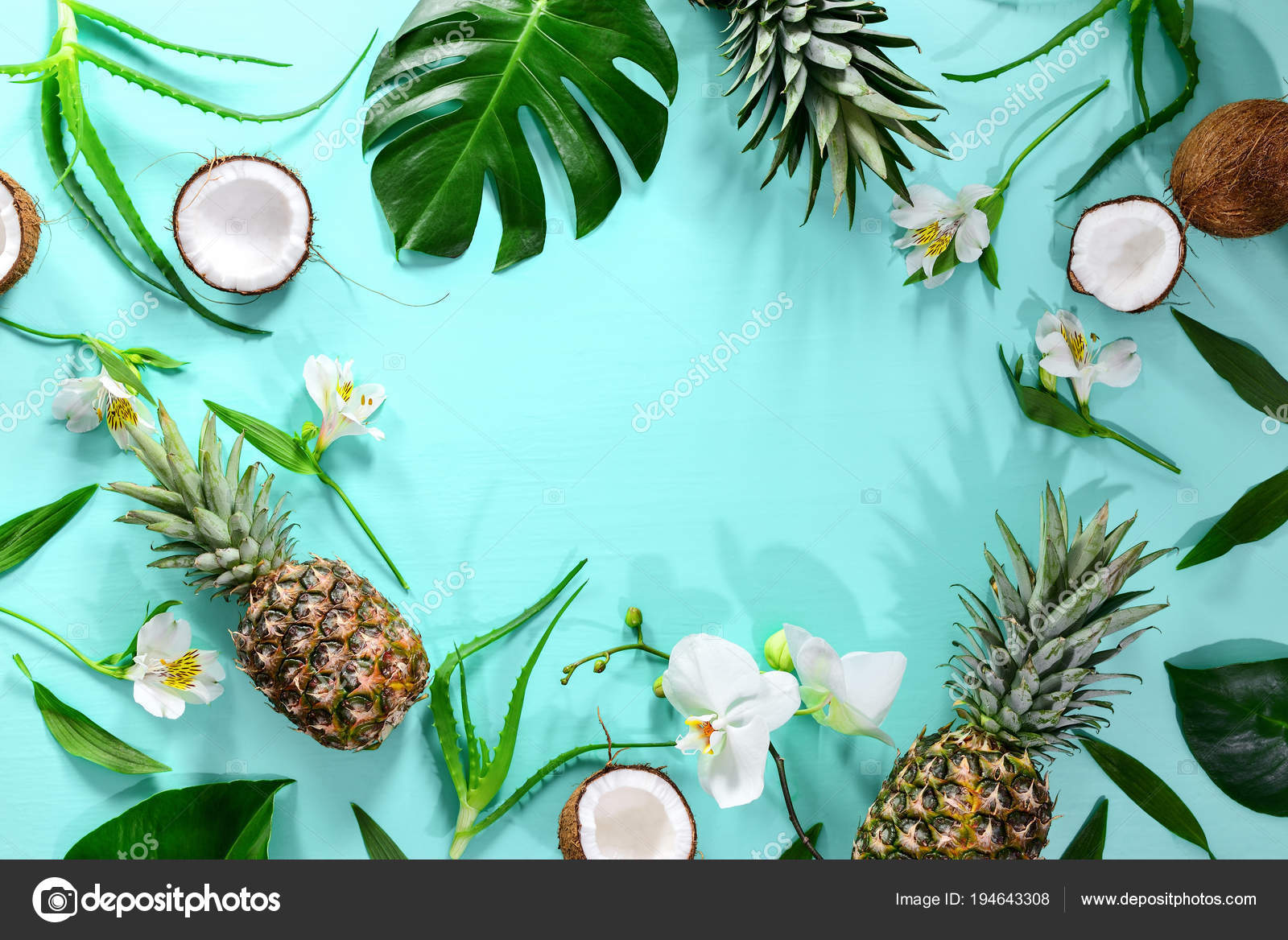 Summer tropical theme background, flat lay composition with a sp Stock