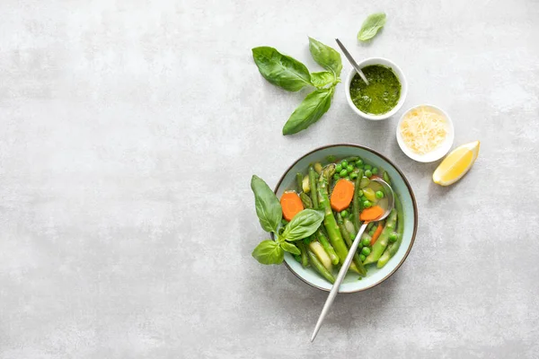 Detox Vegetable Spring Soup Green Minestrone Inspired Recipe Overhead View — Stock Photo, Image