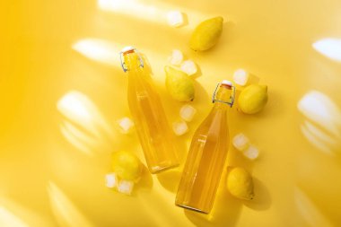 Ev yapımı limonata konsepti, taze yapılmış ve şişelenmiş limon içeceği. 