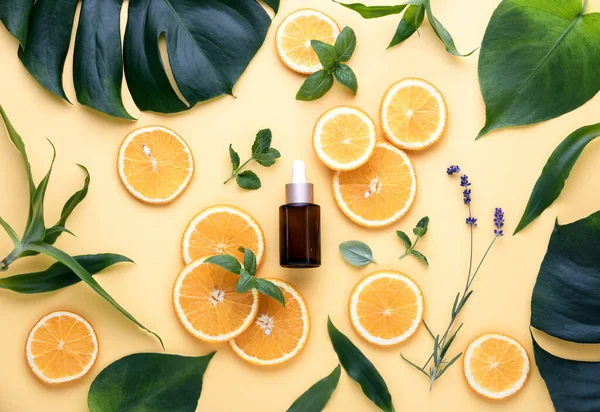 Natuurlijke Cosmetica Concept Verse Ingrediënten Voor Huidbehandeling Vitamine Serum Platte — Stockfoto