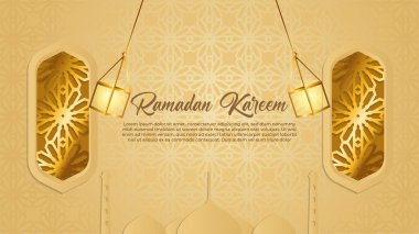 Açık kahverengi tebrik kartı şablonunda lamba ve camii ile Ramazan Kareem