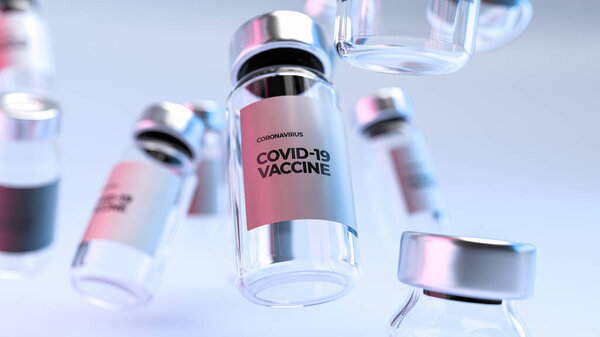 Плавающие бутылки вакцины для нового коронавируса ковида-19. 3d иллюстрация
.