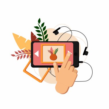 Müzeyi ziyaret et. Evde olacağım. Evde kal. Galeri ve müze cep telefonunda. Artvork ang sergisi ve heykelleri. Vektör illüstrasyonu.