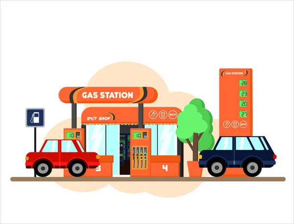 Fresh Detailed Gas Station Cars Pretty Style Vector Illustration — Stock Vector