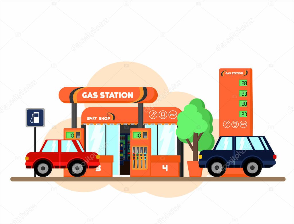 Fresh detailed gas station with cars in pretty style of vector illustration